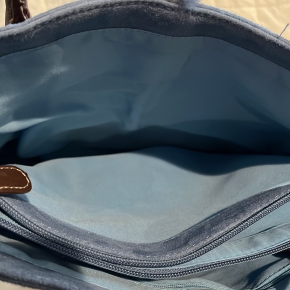 Liz Claiborne faux blue large handbag. Has faux blue trim and brown straps. - Picture 14 of 16